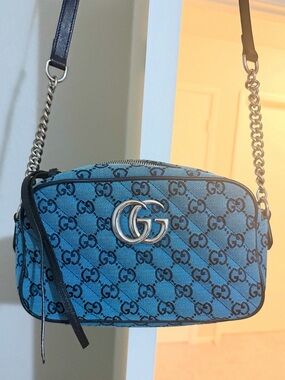 Gucci Monogram Matelasse Diagonal Small GG Marmont Chain Shoulder Bag